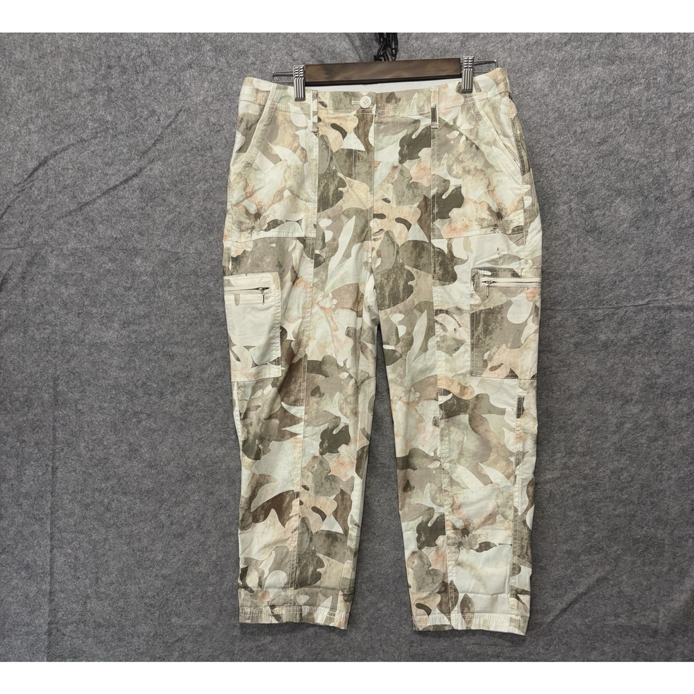 Chicos Cargo Crop Pants Womens Sz 0 US 4 Cream‎ Abstract Stretch Zip Pockets